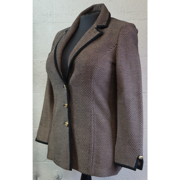 St. John Collection Pale Pink/Charcoal Herringbone Jacket w/ Suede Trim sz 6 - Picture 2 of 11